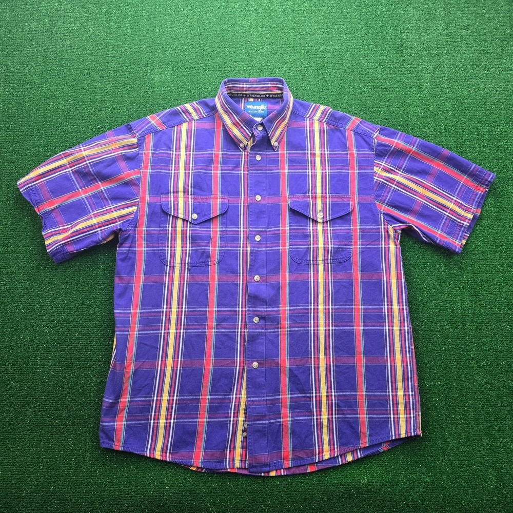 Wrangler Western Shirt Mens XL Purple Yellow Plaid Button Up Short Sleeve Cowboy
